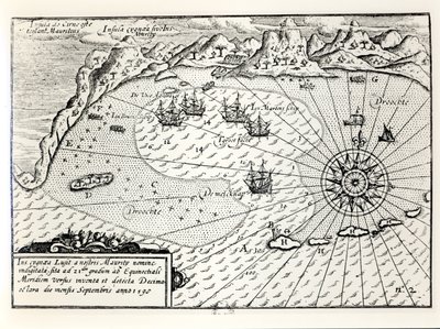 De aankomst van de vloot van vice-admiraal Wybrandt Van Warwijck in de zuidoostelijke haven van Mauritius in september 1598 door Dutch School