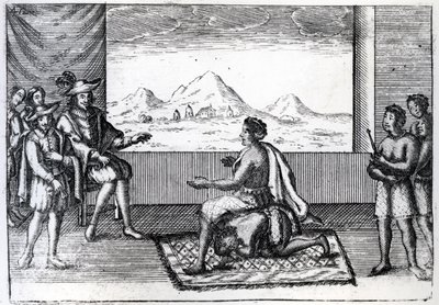 De ontmoeting tussen koningin Nzinga van Ndongo en Joao Correia de Sousa de Portugese gouverneur van Luanda in 1622 (gravure) door Dutch School