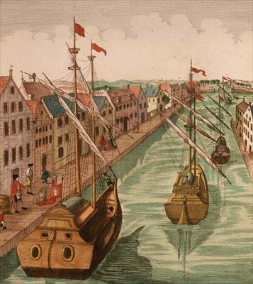 Zicht op de Kettelpoort in Delft, detail van schepen op het havenkanaal (detail) door Dutch School