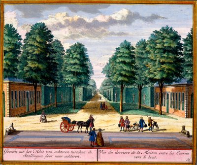 Uitzicht op de achterkant van het huis tussen de stallen, uit Het Zeganpralent Kennemerlant door Hendrick de Leth en Matthias Brouerius Van Nidek, gepubliceerd ca. 1700-30 door Dutch School