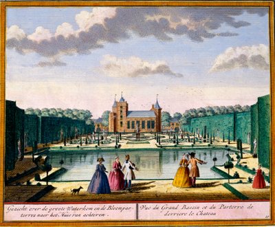 Uitzicht op het grote bassin en parterre aan de achterkant van het huis, uit Het Zeganpralent Kennemerlant door Hendrick de Leth en Matthias Brouerius Van Nidek, gepubliceerd ca. 1700-30 door Dutch School