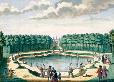 Uitzicht op de vijver aan de achterkant van het huis, Beckenstein, uit Het Zeganpralent Kennemerlant door Hendrick de Leth en Matthias Brouerius Van Nidek, gepubliceerd ca. 1700-1730 door Dutch School