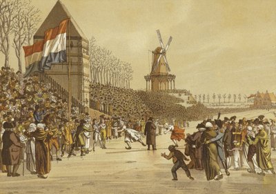 Schaatswedstrijden voor vrouwen, Leeuwarden, Nederland, 1805 door Dutch School