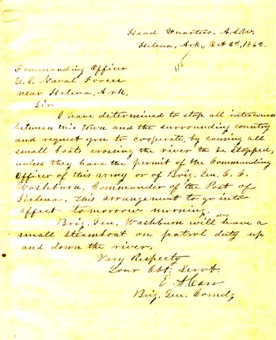 Brief van E. A. Carr, Helena, Arkansas, aan de commandant van de Amerikaanse zeemacht nabij Helena, Arkansas, 2 oktober 1862 door E.A. Carr
