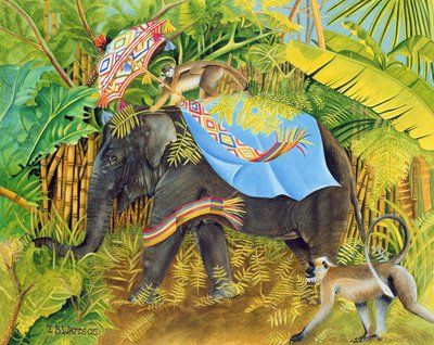 Olifant met apen en parasol, 2005 door E.B. Watts