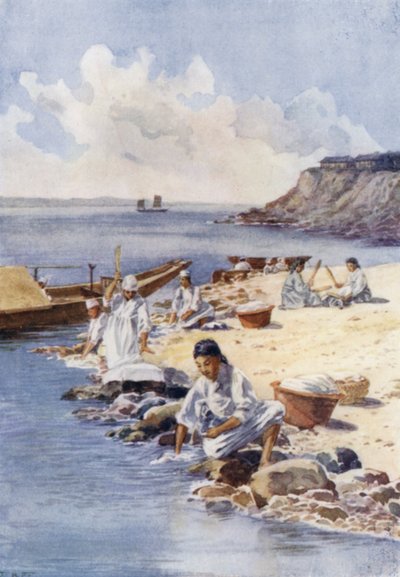Koreaanse vrouwen wassen kleren in een rivier door E.H. Fitchew