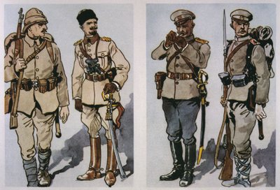 Turkse infanterist en officier (links) en Bulgaarse infanterieofficier en soldaat van 1917 (rechts) van 1917 door E. (after) Dobrich