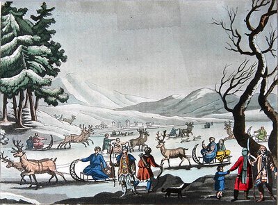 Tungus verlaten hun winterkamp op sleeën getrokken door rendieren, ca.1820 door E. (after) Karnejeff