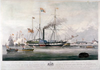 Koningin Victoria en Prins Albert arriveren bij de Koninklijke Scheepswerf, Woolwich, Kent, 1843 door E Duncan
