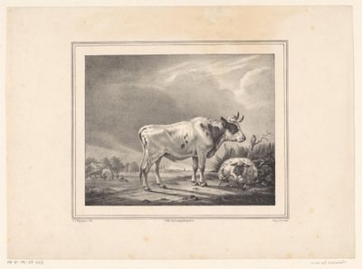 Staande koe en liggend schaap in landschap door E. L. Huygens (possibly)