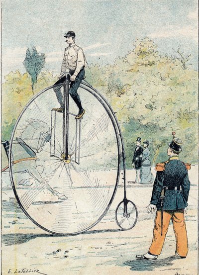 Grand bi met voorwieldiameter groter dan 1,50 m - Van een beschermhoes voor schoolboeken, eind 19e eeuw - illustratie door E. Letellier door E. Letellier