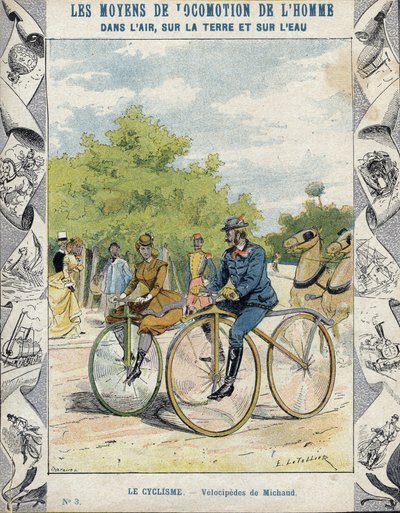 Pierre Michaux en Michaudine velocipedes - Van een beschermhoes voor schoolboeken, eind 19e eeuw - velocipedes a pedale (les michaudines) door Pierre Michaux (1813-1883) door E. Letellier