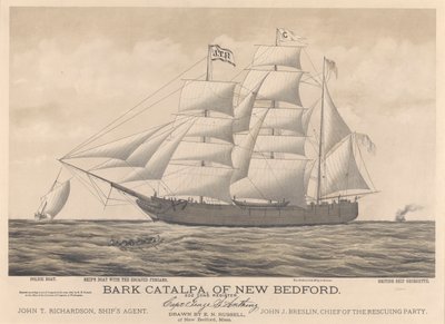Bark Catalpa van New Bedford, politieboot, scheepsboot en Brits schip Georgette door E. N. Russell