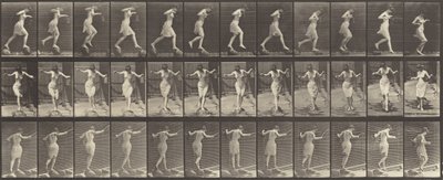 Plaat Nummer 175. Oversteken van een beek op stapstenen met een vislijn en blik, 1887 door Eadweard Muybridge
