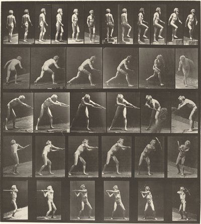 Plaat Nummer 521. A: Lopen. B: Stap omhoog. C. Schijf werpen. D: Schep gebruiken..., 1887. door Eadweard Muybridge