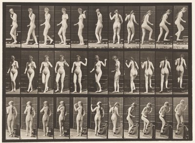 Omdraaien en trap oplopen, zwaaiende hand door Eadweard Muybridge