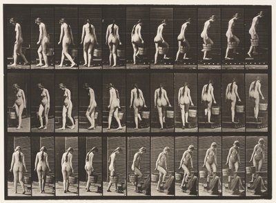 Omdraaien en trap oplopen, emmer water in rechterhand door Eadweard Muybridge