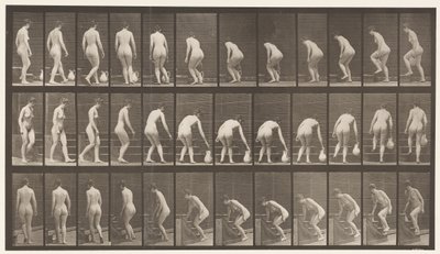 Plaat 108. Draaien om trap op te lopen, bukken, een kruik heffen, 1872-1885 door Eadweard Muybridge