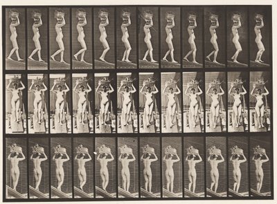 Plaat 123. Helling afdalen, 20-ponds mand op hoofd, handen omhoog, 1872-1885 door Eadweard Muybridge