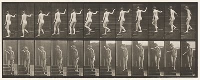 Plaat 132. Trappen afgaan, omkijken en zwaaien door Eadweard Muybridge