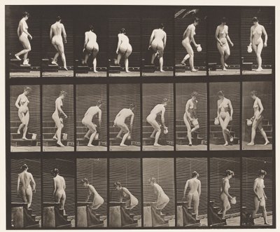 Trap aflopen; bukken, kruik optillen, omdraaien door Eadweard Muybridge