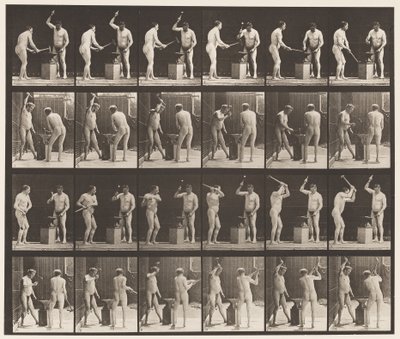 Smeden, twee modellen, hameren op aambeeld door Eadweard Muybridge