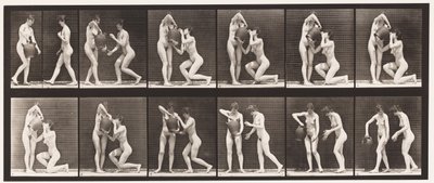 Twee Modellen, 8 Knielt, Drinkt uit Waterkruik in Handen, 1872-1885 door Eadweard Muybridge