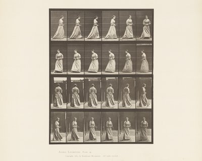 Lopen en omdraaien, boeket in beide handen door Eadweard Muybridge