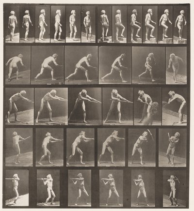 Plaat 521. A, Wandelen; B, Stap omhoog; C, Schijf werpen door Eadweard Muybridge