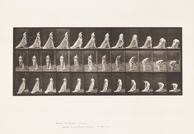 Plaat 56. Lopen, draaien en bukken om trein op te tillen door Eadweard Muybridge