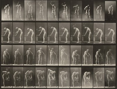 Plaat nummer 491. A, B: Hameren op een aambeeld. C: Gebruik van een hakbijl. D: Zagen van een plank door Eadweard Muybridge
