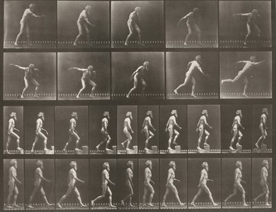 Plaat nummer 519. A: Een discus werpen. B: Een trede beklimmen. C: Lopen door Eadweard Muybridge