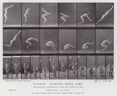 Het menselijk lichaam in beweging: Atleet, staande breedtesprong (zwart-wit foto) door Eadweard Muybridge