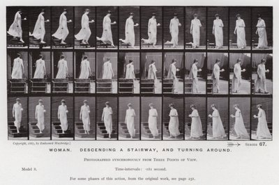 De menselijke figuur in beweging: Vrouw, trap aflopen en draaien door Eadweard Muybridge