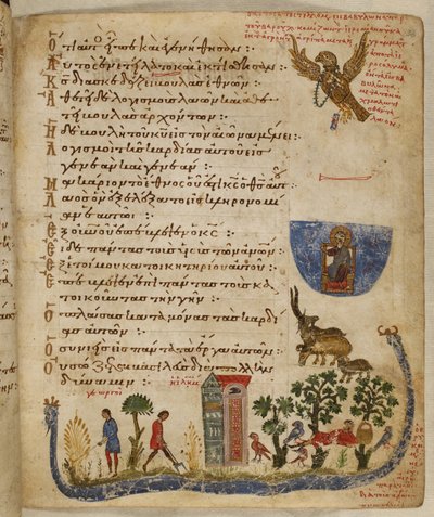 Add. 19352, f.36r Adelaar gestuurd door Baruch; tuinscène, uit Theodore Psalter door Eastern Mediterranean School