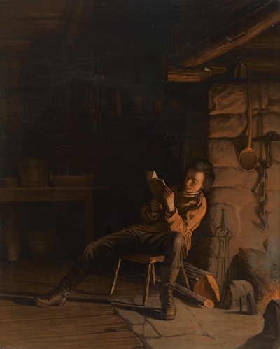 De Jeugd van Lincoln. (Een avond in de blokhut) door Eastman Johnson