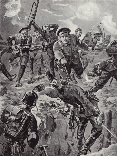 Korporaal Joseph Davies en acht mannen die met bajonetten een groep Duitsers verjagen die hen eerder hadden omsingeld, Delville Wood, Frankrijk, 20 juli 1916 door Edgar Alfred Holloway