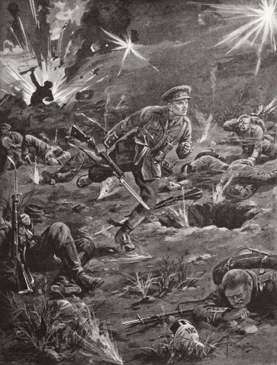 Luitenant Benjamin Geary haast zich, onder zwaar artillerievuur, naar een loopgraaf aan de rechterkant van Hill 60 om contact te maken met een officier, Ieper, België, april 1915 door Edgar Alfred Holloway