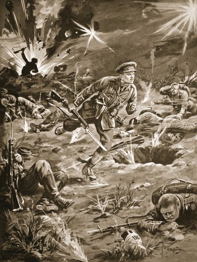 Luitenant Geary haast zich, onder zwaar granaatvuur, naar een loopgraaf rechts van Hill 60 om contact te maken met een officier door Edgar Alfred Holloway