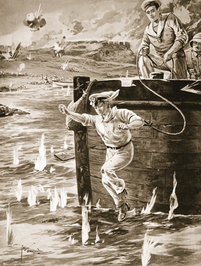 Adelborst Malleson springt met een lijn van een schuit om een andere schuit te verbinden die aan het afdrijven was door Edgar Alfred Holloway