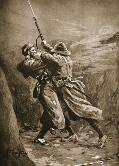 Soldaat Lavin die worstelt met een Turkse bommenwerper in een Britse loopgraaf bij Suvla Bay, Gallipoli door Edgar Alfred Holloway