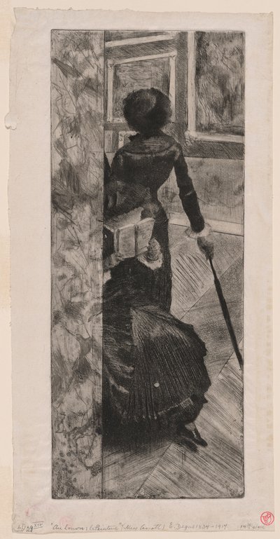 Mary Cassatt in de schilderijengalerij van het Louvre door Edgar Degas