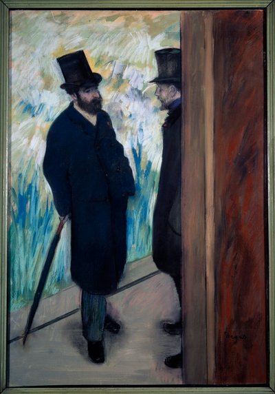 Portret van toneelschrijver en librettist Ludovic Halevy en Albert Boulanger-Cave achter de schermen van de Opera Pastel door Edgar Degas (1834-1917) 1879 Parijs, musee d