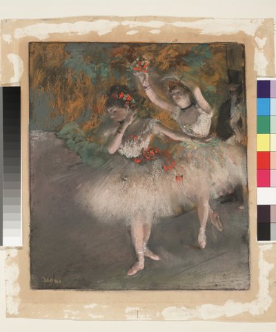 Twee dansers betreden het podium, ca. 1877-78 door Edgar Degas