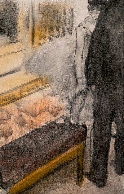 Twee mannen en twee dansers (detail). Rond 1876-1877. Pastel op monotype. door Edgar Degas