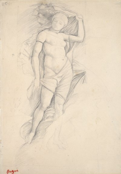 Vrouw, gedeeltelijk gedrapeerd, met een lichte studie van een centaur, rechtsonder, eind 19e eeuw door Edgar Degas