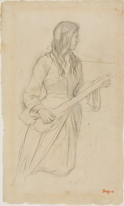Jonge vrouw die mandoline speelt, studie voor portret van Mlle. Fiocre in het ballet "La Source". door Edgar Degas