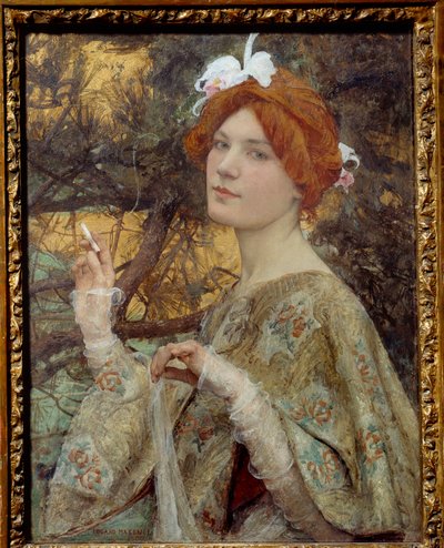 Een jonge roodharige vrouw met een sigaret in haar hand en een orchidee in haar haar door Edgar Maxence
