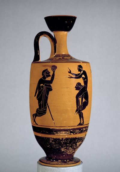 Attische zwartfigurige lekythos versierd met een oude man die een bal naar een jongeling gooit, ca. 500 v.Chr. door Edinburgh Painter