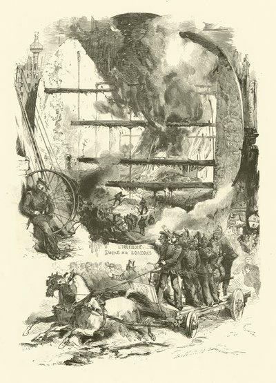 Brand in de dokken van Londen (gravure) door Edmond (after) Morin